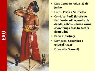 EXU • Data Comemorativa: 13 de
junho
• Cores: Preto e Vermelho
• Comidas: Padê (farofa de
farinha de milho, azeite de
dendê, cebola, carne), carne
crua, frango assado, farofa
de miudos
• Bebida: Cachaça
• Domínios: Caminhos e
encruzilhadas
• Elemento: Terra (8)
 