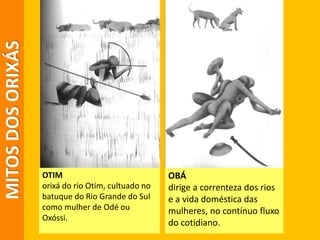 MITOSDOSORIXÁS
OTIM
orixá do rio Otim, cultuado no
batuque do Rio Grande do Sul
como mulher de Odé ou
Oxóssi.
OBÁ
dirige a correnteza dos rios
e a vida doméstica das
mulheres, no contínuo fluxo
do cotidiano.
 