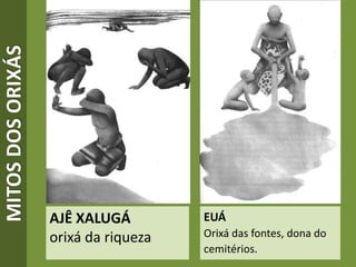 MITOSDOSORIXÁS
AJÊ XALUGÁ
orixá da riqueza
EUÁ
Orixá das fontes, dona do
cemitérios.
 