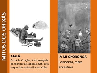 MITOSDOSORIXÁS
AJALÁ
Orixá da Criação, é encarregado
de fabricar as cabeças, ORI, está
esquecido no Brasil e em Cuba
IÁ MI OXORONGÁ
Feiticeiras, mães
ancestrais
 