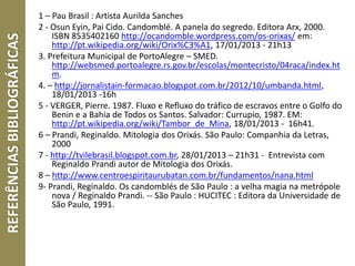 REFERÊNCIASBIBLIOGRÁFICAS 1 – Pau Brasil : Artista Aurilda Sanches
2 - Osun Eyin, Pai Cido. Candomblé. A panela do segredo. Editora Arx, 2000.
ISBN 8535402160 http://ocandomble.wordpress.com/os-orixas/ em:
http://pt.wikipedia.org/wiki/Orix%C3%A1, 17/01/2013 - 21h13
3. Prefeitura Municipal de PortoAlegre – SMED.
http://websmed.portoalegre.rs.gov.br/escolas/montecristo/04raca/index.ht
m.
4. – http://jornalistain-formacao.blogspot.com.br/2012/10/umbanda.html,
18/01/2013 -16h
5 - VERGER, Pierre. 1987. Fluxo e Refluxo do tráfico de escravos entre o Golfo do
Benin e a Bahia de Todos os Santos. Salvador: Currupio, 1987. EM:
http://pt.wikipedia.org/wiki/Tambor_de_Mina, 18/01/2013 - 16h41.
6 – Prandi, Reginaldo. Mitologia dos Orixás. São Paulo: Companhia da Letras,
2000
7 - http://tvilebrasil.blogspot.com.br, 28/01/2013 – 21h31 - Entrevista com
Reginaldo Prandi autor de Mitologia dos Orixás.
8 – http://www.centroespiritaurubatan.com.br/fundamentos/nana.html
9- Prandi, Reginaldo. Os candomblés de São Paulo : a velha magia na metrópole
nova / Reginaldo Prandi. -- São Paulo : HUCITEC : Editora da Universidade de
São Paulo, 1991.
 