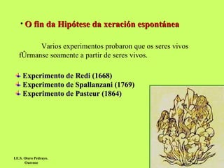 O fin da Hipótese da xeración espontánea Varios experimentos probaron que os seres vivos fórmanse soamente a partir de seres vivos.  Experimento de Redi (1668) Experimento de  Spallanzani (1769) Experimento de  Pasteur (1864) I.E.S. Otero Pedrayo.  Ourense 