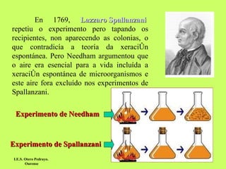 En 1769,  Lazzaro   Spallanzani   repetiu o experimento pero tapando os recipientes, non aparecendo as colonias, o que contradicía a teoría da xeración espontánea. Pero Needham argumentou que o aire era esencial para a vida incluída a xeración espontánea de microorganismos e este aire fora excluído nos experimentos de Spallanzani. I.E.S. Otero Pedrayo.  Ourense Experimento de Spallanzani Experimento de Needham 