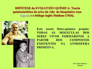 Esta teoría físico-química propón: TODAS AS MOLECULAS DOS SERES VIVOS FORMÁRONSE A PARTIR DOS COMPOSTOS EXISTENTES NA ATMOSFERA PRIMITIVA. HIPÓTESE da EVOLUCIÓN QUÍMICA:   Teoría quimiosintética da orixe da vida  do bioquímico ruso  Oparin  e o biólogo inglés Haldane (1924).   I.E.S. Otero Pedrayo.  Ourense 