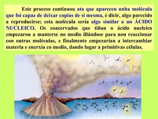 Este proceso continuou  ata que apareceu unha molécula que foi capaz de deixar copias de si mesma , é dicir, algo parecido a reproducirse; esta molécula sería  algo similar a un ÁCIDO NUCLEICO . Os coacervados que tiñan o ácido nucleico empezaron a manterse no medio illándose para non reaccionar con outras moléculas, e finalmente empezarían a intercambiar materia e enerxía co medio, dando lugar a primitivas células.  