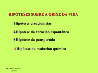 Hipóteses creacionistas Hipótese da panspermia HIPÓTESES SOBRE A ORIXE DA VIDA Hipótese da xeración espontánea Hipótese da evolución química I.E.S. Otero Pedrayo.  Ourense 