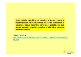 I.E.S. Otero Pedrayo.
Ourense
Unha teoría científica dá sentido a feitos, datos e
observacións relacionándoos de xeito coherente e
pausible. Serve ademais para facer predicións que
poden permitir ampliar e aplicar a distintos campos
devandita teoría.
Teoría científica
http://www.youtube.com/watch?v=lCJuaWH_U3s&feature=channel_vid
eo_title
 