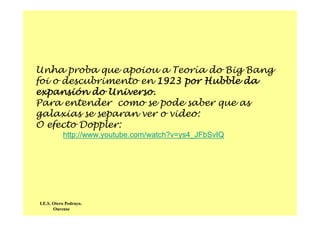 I.E.S. Otero Pedrayo.
Ourense
Unha proba que apoiou a Teoría do Big Bang
foi o descubrimento en 1923 por Hubble da
expansión do Universo.
Para entender como se pode saber que as
galaxias se separan ver o video:
O efecto Doppler:
http://www.youtube.com/watch?v=ys4_JFbSvIQ
 
