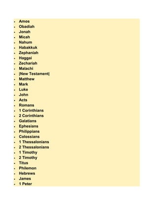    Amos
   Obadiah
   Jonah
   Micah
   Nahum
   Habakkuk
   Zephaniah
   Haggai
   Zechariah
   Malachi
   |New Testament|
   Matthew
   Mark
   Luke
   John
   Acts
   Romans
   1 Corinthians
   2 Corinthians
   Galatians
   Ephesians
   Philippians
   Colossians
   1 Thessalonians
   2 Thessalonians
   1 Timothy
   2 Timothy
   Titus
   Philemon
   Hebrews
   James
   1 Peter
 