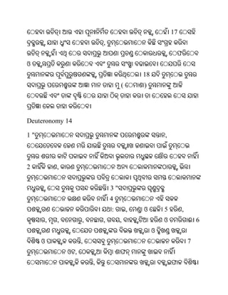 17
                               ,
                                                                 ଫ
ଓ
                                                18
                                        (       )




Deuteronomy 14

1"                                                       ,



2            ,


                                   3"
                                   4
                                   :        ,   ଓ        5        ,
         ,   ,         ,       ,        ,                ଓ            ଈ 6
                                                     ଓ
     ଓ                 ,                                              7
                 ଓ ,                    ଫ
                           ,                                 ଫ
 