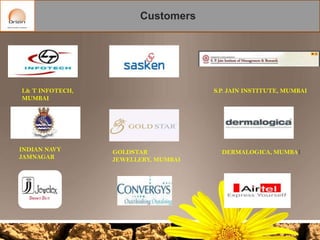 Customers

L& T INFOTECH,
MUMBAI

INDIAN NAVY
JAMNAGAR

S.P. JAIN INSTITUTE, MUMBAI

GOLDSTAR
JEWELLERY, MUMBAI

DERMALOGICA, MUMBAI

 