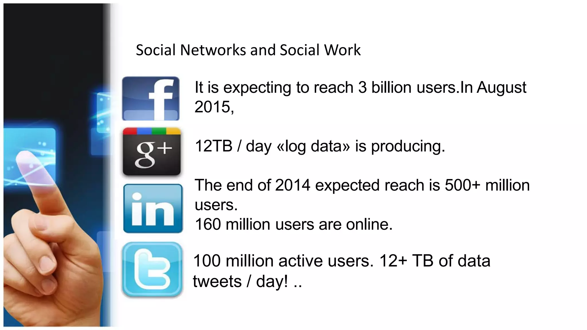 • It is expecting to reach 3 billion users.In August
2015,
12TB / day «log data» is producing.
The end of 2014 expected reach is 500+ million
users.
160 million users are online.
•
•
• 100 million active users. 12+ TB of data
tweets / day! ..
Social Networks and Social Work
 