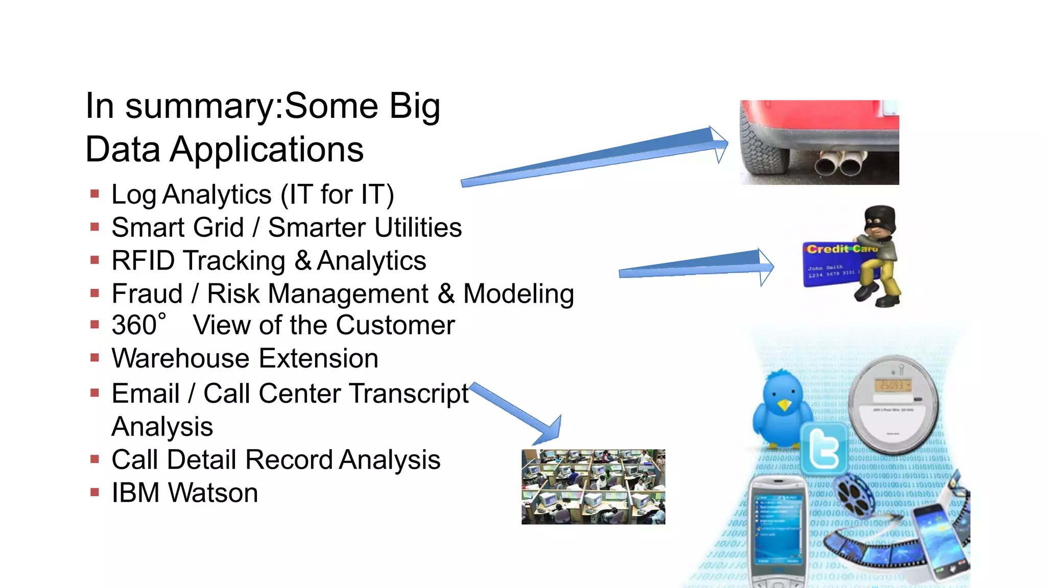 In summary:Some Big
Data Applications
 Log Analytics (IT for IT)
 Smart Grid / Smarter Utilities
 RFID Tracking & Analytics
 Fraud / Risk Management & Modeling
 360° View of the Customer
 Warehouse Extension
 Email / Call Center Transcript
Analysis
 Call Detail Record Analysis
 IBM Watson
 