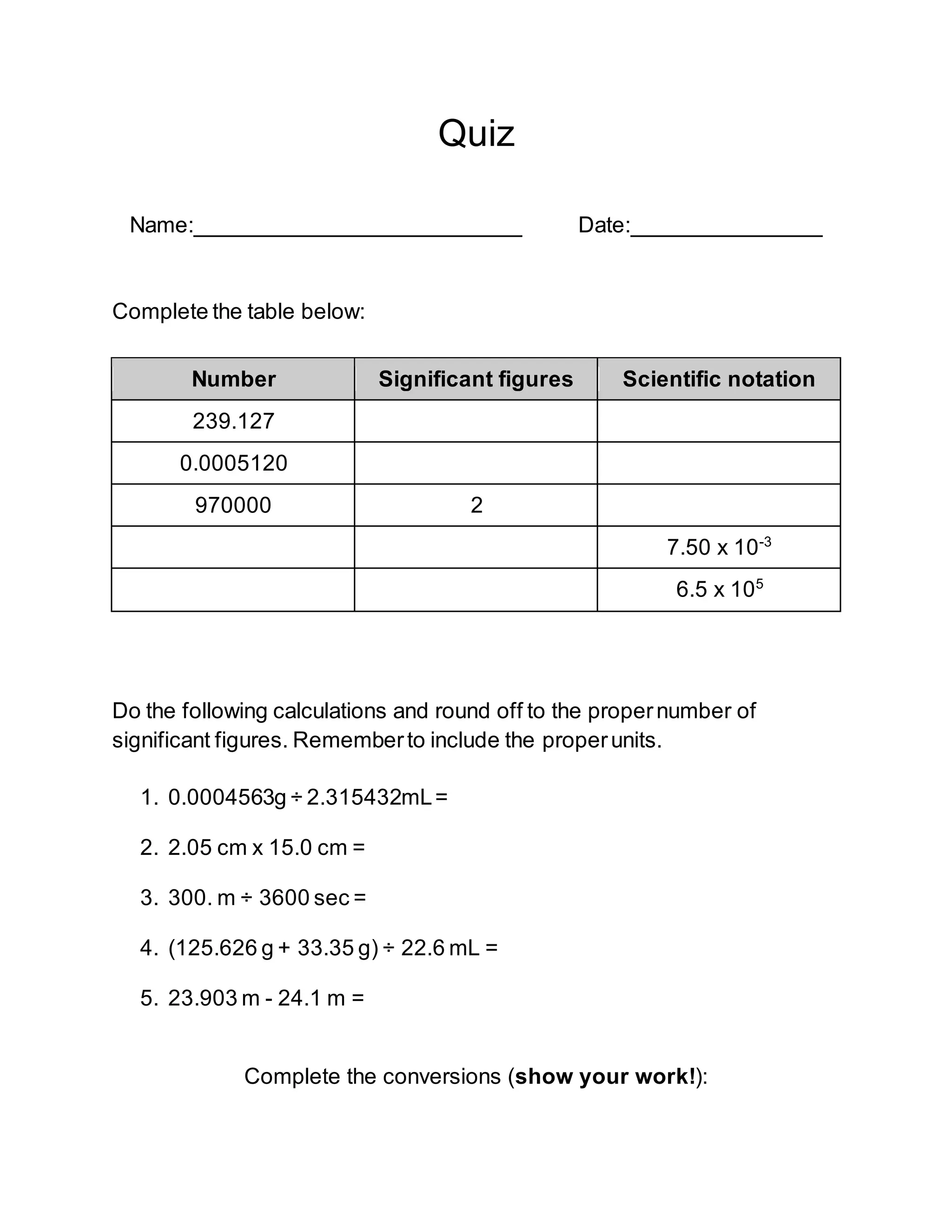 End of the Unit Quiz (Physics) Sig Figs and Unit Conversion PDF