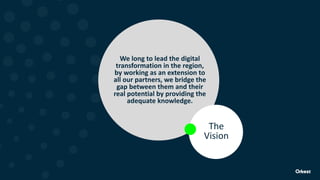 We long to lead the digital
transformation in the region,
by working as an extension to
all our partners, we bridge the
gap between them and their
real potential by providing the
adequate knowledge.
The
Vision
 