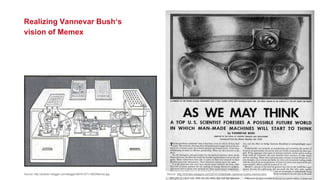 Page 11
Realizing Vannevar Bush‘s
vision of Memex
Source: http://photos1.blogger.com/blogger/5874/1071/1600/Memex.jpg Sour...