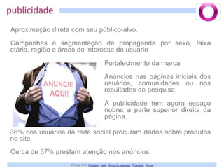 publicidadeAproximação direta com seu público-alvo.Campanhas e segmentação de propaganda por sexo, faixa etária, região e áreas de interesse do usuárioFortalecimento da marcaAnúncios nas páginas iniciais dos usuários, comunidades ou nos resultados de pesquisa.A publicidade tem agora espaço nobre: a parte superior direita da página.36% dos usuários da rede social procuram dados sobre produtos no site. Cerca de 37% prestam atenção nos anúncios.