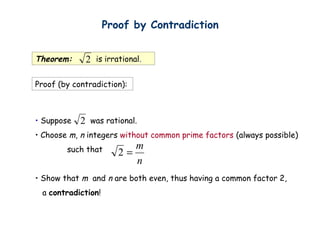 • Suppose was rational.
• Choose m, n integers without common prime factors (always possible)
such that
• Show that m and n are both even, thus having a common factor 2,
a contradiction!
n
m
=2
Theorem: is irrational.2
Proof (by contradiction):
Proof by Contradiction
2
 