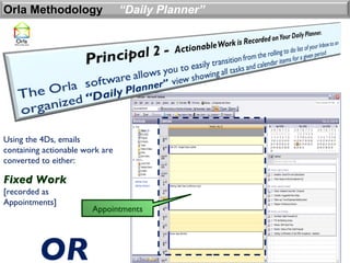 Orla Methodology                 “Daily Planner”




Using the 4Ds, emails
containing actionable work are
converted to either:

Fixed Work
[recorded as
Appointments]
                        Appointments




         OR
 