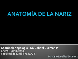 Otorrinolaringología - Dr. Gabriel Guzmán P.
Enero – Junio 2013
Facultad de Medicina U.A.Z.
                                    Marcela González Gutiérrez
 