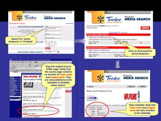 Example 1 – Snapshots (“Jamal Anderson”) Click on first result for Jamal Anderson View metadata. Note that  Team name  and  League name  are also included in the metadata Search for ‘Jamal Anderson’ in ‘Football’ View the original source HTML page. Verify that the source page contains no mention of  Team name  and  League name . They are value-additions to the metadata to facilitate easier search. 