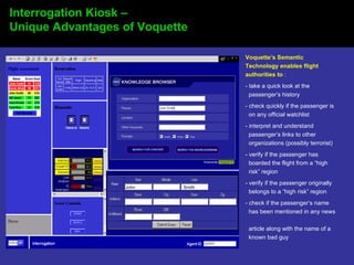 Voquette’s Semantic Technology enables flight authorities to  : - take a quick look at the    passenger’s history - check quickly if the passenger is    on any official watchlist - interpret and understand    passenger’s links to other    organizations (possibly terrorist) - verify if the passenger has    boarded the flight from a “high    risk” region - verify if the passenger originally    belongs to a “high risk” region - check if the passenger’s name    has been mentioned in any news    article along with the name of a    known bad guy Interrogation Kiosk –  Unique Advantages of Voquette Smith John 