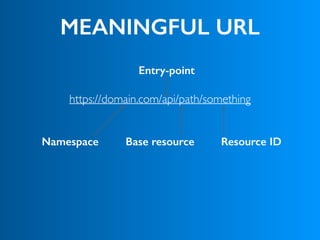 MEANINGFUL URL
https://domain.com/api/path/something
Namespace Base resource Resource ID
Entry-point
 