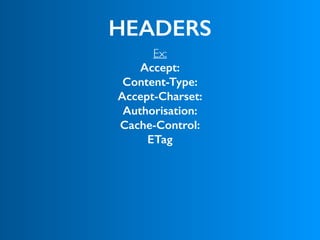 HEADERS
Ex:
Accept: 
Content-Type:
Accept-Charset: 
Authorisation:
Cache-Control:
ETag
 