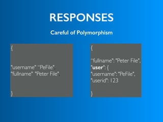 RESPONSES
Careful of Polymorphism
{  
 
“fullname": "Peter File", 
"user": {
"username": "PeFile",
"userid": 123
 
}
{ 
 
 
"username":“PeFile",  
"fullname": "Peter File",  
 
 
}
 