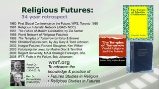 Religious Futures:
34 year retrospect
1980 First Global Conference on the Future, WFS, Toronto 1980
1981 Religious Futurists’ Network (JSAC- NCC)
1987 The Future of Muslim Civilization, by Zia Sardar
1988 World Network of Religious Futurists
1992 The Temples of Tomorrow by Kirby & Brewer
1999 ChristianFutures.com, by Jay Gary & Todd Johnson
2002 Integral Futures, Richard Slaughter, Ken Wilber
2003 Futurizing the Jews, by Moshe Dror & Tsvi Bisk
2006 Regent University, MA & Strategic Foresight, DSL
2008 IFTF, Faith in the Future, Bob Johansen
To advance the
knowledge & practice of
• Futures Studies in Religion
• Religious Studies in Futures
wnrf.orgRabbi Dr.
Moshe Dror
(1934-2011)
Rev. Dr.
Richard Kirby
(1949-2009)
 