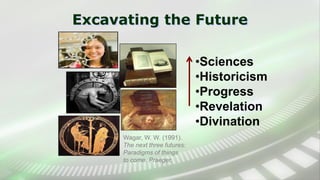 Excavating the Future
•Sciences
•Historicism
•Progress
•Revelation
•Divination
Wagar, W. W. (1991).
The next three futures:
Paradigms of things
to come. Praeger.
 