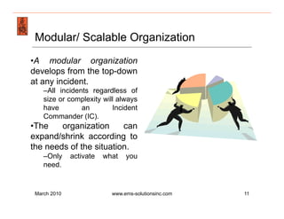 Emergency Management & Safety Solutions
 Modular/ Scalable Organization
• A modular organization
develops from the top-down
at any incident.
    – All incidents regardless of
    size or complexity will always
    have         an       Incident
    Commander (IC).
• The   organization     can
expand/shrink according to
the needs of the situation.
    – Only    activate   what   you
    need.


 March 2010                www.ems-solutionsinc.com   11
 