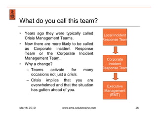 Emergency Management & Safety Solutions
What do you call this team?
•  Years ago they were typically called            Local Incident
   Crisis Management Teams.                       Response Team
•  Now there are more likely to be called
   as Corporate Incident Response
   Team or the Corporate Incident
   Management Team.                                 Corporate
•  Why a change?                                     Incident
                                                  Response Team
    –  Teams      activate     for  many
       occasions not just a crisis.
    –  Crisis implies that you are
       overwhelmed and that the situation           Executive
       has gotten ahead of you.                    Management
                                                     (EMT)


March 2010             www.ems-solutionsinc.com                     26
 