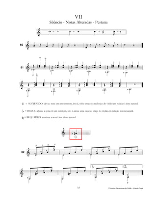 VII
                                   Silêncio - Notas Alteradas - Pestana
                   w = ∑ »»
                          ˙ = Ó »»
                                 œ = Œ »J
                                        œ =‰
                                        »»
                          »      »
                =================== l
                &                            =

        « Œ « Œ
        «         « Œ Ó   « ‰ « ‰ « ‰ « ‰ ˙
60      ˆ
        «   «
            ˆ
            «     «
                  ˆ
                  «       j «
                        l «   j «
                              ˆ
                              «
      ========================= ”
      &         l         ˆ
                          «       j «
                                  ˆ
                                  «   j l »»»
                                      ˆ
                                      «       Ó
                                                =

                   m

                  « «          « «         « «            « «
                           m

                                                                             « «            « «
        Œ ÑÖ ˆ «i Œ ÑÑ « « Œ ÑÑ « « Œ ÑÑ « « Œ ÑÖ ˆ ˆ Œ ÑÖ « «
                  « «                                                        « «
                   i       i

                  « ˆ          « «
                               ˆ ˆ
                               « «         « «
                                           ˆ «
                                           « ˆ            « «
                                                          ˆ ˆ
                                                          « «                « «            ˆ ˆ
                                                                                            « «
    & Ü˙      . ˆ ˆ l Ñ ˙ . ˆ ˆ l á _. ˆ ˆ l _ ˆ ˆ l _ ˆ ˆ l _ ˆ ˆ=l
                  « «
   =========================
        »»»             »»»
                               « «
                                       ˙
                                       »»»
                                           « «            « «                « «            « «
                                                    Ü ˙.
                                                      »»»           Ñ _.
                                                                      »»
                                                                       ˙         á _.
61

                                                                       »           »»
                                                                                    ˙
        p m     a                                                                   »
            ÑÜ « «
               « «              ÑÑ « «
                                   « «          ÑÜ « «
                                                   « «                   ÑÑ « «
                                                                            « «
     Œ á« « l Œ Ñ« « l Œ á ˆ ˆ l Œ Ñ« « l
               ˆ ˆ
               « «                 « «
                                   ˆ ˆ             ˆ «
                                                   Ñ« «
                                                    « ˆ                     ˆ ˆ
                i

               ˆ ˆ
               ˆ ˆ
               « «                 « «
                                   ˆ ˆ
                                   « «
                                   ˆ ˆ              ˆ ˆ
                                                    « «                     « «
                                                                            ˆ ˆ
                                                                            « «
                                                                            « «
                                                                            ˆ ˆ              ∑ =
========================== ”
& _                         _                _
   Ö _.
     _
     »»
     ˙                  Ñ _._
                            »»
                             ˙             Ö _.
                                             _
                                             »»
                                             ˙                á _.
                                                                _
                                                                ˙
                                                                »»»                   Ñ _.
                                                                                        _
                                                                                        ˙
                                                                                        »»»
      »                      »                »
       p


  #   = SUSTENIDO: eleva a nota em um semitom, isto é, sobe uma casa no braço do violão em relação à nota natural.

  b = BEMOL: abaixa a nota em um semitom, isto é, desce uma casa no braço do violão em relação à nota natural.
  n = BEQUADRO: reestitue a nota à sua altura natural.

                                               «
                                               «
                                          & Ö #ˆ
                                               « =
                                          ====== l
                                                     3




         « « Ñ« Ö«
         « Ñ« « «    « « « «
                     « « « «    « « Ö« Ñ«   « « « «
                                      a

         « « « «                « Ñ« « «    « « « «
                               m

                 ˆ   « « « «
                     « « « ˆ
               p       i

         « « «ˆ
            « «         « «
                          ˆ     « «  « ˆ
                                « « « «
                                     ˆ      « « « ˆ
                                            « « « «
                                                ˆ
        Ñ« «
      & ««
         »»
          ˙
          ˆ ˆ        « «
                   l «
                     «
                     »»
                      ˙
                      ˆ ˆ      Ü« «
                             l «
      ========================= l
                                »»
                                 ˙
                                 ˆ ˆ      l « «
                                            « ˆ
                                            »»
                                             ˙
                                             ˆ      =
                                 »           »
 62
          »           »

           «
   « « Ñ« Ñ«
           «     « « « « 1. « Ü« Ö« Ñ« 2.
   « « « ˆ
   « #ˆ «        « « « «     « « « «
                    « ˆ ˆ l Ñ« « « « ” Ñ«
                 « #ˆ « «    « « « ˆ {
   «
   «
      Ö
   « « «
      « ˆ
      «      l _ « « «
                 «  «
========================== ”
& _              «           « « ˆ
                             « ˆ          «   =
   «
  Ñ_
   «           _ «
                 «          _
                            _«
                             «
                             ˙
                             ˆ
                             »»»          _
                                          «
                                          _
                                          ˙
                                          »«
   _
   «
   »»
    ˙
    ˆ          _
               »»«
                ˙
                ˆ                          »»
    »           »                         p

                                                         15                          Princípios Elementares do Violão - Orlando Fraga
 