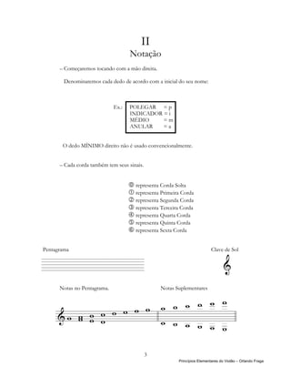 II
                                    Notação
      – Começaremos tocando com a mão direita.

        Denominaremos cada dedo de acordo com a inicial do seu nome:



                             Ex.:   POLEGAR = p
                                    INDICADOR = i
                                    MÉDIO     =m
                                    ANULAR    =a


       O dedo MÍNIMO direito não é usado convencionalmente.


      – Cada corda também tem seus sinais.


                                      representa Corda Solta
                                      representa Primeira Corda
                                      representa Segunda Corda
                                      representa Terceira Corda
                                      representa Quarta Corda
                                      representa Quinta Corda
                                      representa Sexta Corda


Pentagrama                                                                Clave de Sol


=========                                                                        &
      Notas no Pentagrama.                       Notas Suplementares




                                             3
                                                        Princípios Elementares do Violão – Orlando Fraga
 