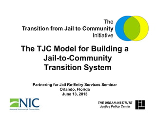 The TJC Model for Building a
Jail-to-Community
Transition System
Partnering for Jail Re-Entry Services Seminar
Orlando, Florida
June 13, 2013
The
Transition from Jail to Community
Initiative
THE URBAN INSTITUTE
Justice Policy Center
 