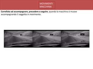 MOVIMENTI
                                      MACCHINA
Carrellata ad accompagnare, precedere o seguire, quando la macchina si muove
accompagnando il soggetto in movimento.
 