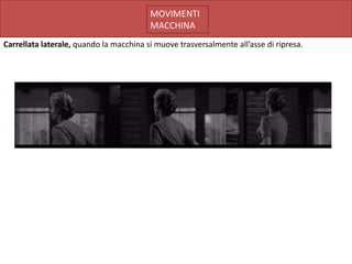 MOVIMENTI
                                         MACCHINA
Carrellata laterale, quando la macchina si muove trasversalmente all’asse di ripresa.
 