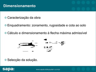 Dimensionamento


o Caracterização da obra

o Enquadramento: zonamento, rugosidade e cota ao solo

o Cálculo e dimensionamento à flecha máxima admissível




o Selecção da solução.
 