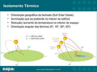 Isolamento Térmico

  •   Orientação geográfica da fachada (Sul/ Este/ Oeste)
  •   Iluminação que se pretende no interior do edifício
  •   Redução/ aumento da temperatura no interior do espaço
  •   Orientação angular das lâminas (0º, 15º, 30º, 45º)
 