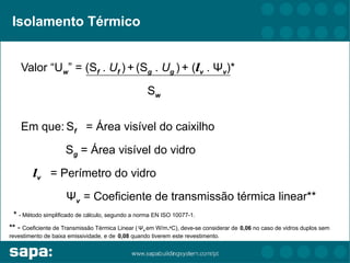 Isolamento Térmico


    Valor “Uw” = (Sf . Uf ) + (Sg . Ug ) + (lv . Ψv)*
                                                   Sw


    Em que: Sf = Área visível do caixilho
                     Sg = Área visível do vidro
        lv = Perímetro do vidro
                     Ψv = Coeficiente de transmissão térmica linear**
 * - Método simplificado de cálculo, segundo a norma EN ISO 10077-1.
** - Coeficiente de Transmissão Térmica Linear ( Ψv em W/m.oC), deve-se considerar de 0,06 no caso de vidros duplos sem
revestimento de baixa emissividade, e de 0,08 quando tiverem este revestimento.
 