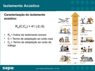 Isolamento Acústico

Caracterização do isolamento
acústico:

          Rw(C;Ctr) = 41 (-2;-5)

•   Rw = Índice de isolamento sonoro
•   C = Termo de adaptação ao ruído rosa
•   Ctr = Termo de adaptação ao ruído de
    tráfego
 