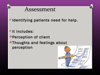 AssessmentAssessment
O Identifying patients need for help.Identifying patients need for help.
O It includes:It includes:
Perception of clientPerception of client
Thoughts and feelings aboutThoughts and feelings about
perceptionperception
 