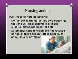 Nursing actionNursing action
Two types of nursing actions:Two types of nursing actions:
O Deliberative: The nurse initiates believingDeliberative: The nurse initiates believing
that she will help ascertain or meetthat she will help ascertain or meet
client’s immediate need for help.client’s immediate need for help.
O Automatic: Actions which are not focusedAutomatic: Actions which are not focused
on the clients need but other need suchon the clients need but other need such
as nurse’s or physicians.as nurse’s or physicians.
 