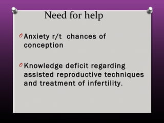 Need for helpNeed for help
O Anxiety r/t chances ofAnxiety r/t chances of
conceptionconception
O Knowledge deficit regardingKnowledge deficit regarding
assisted reproductive techniquesassisted reproductive techniques
and treatment of infertilityand treatment of infertility..
 