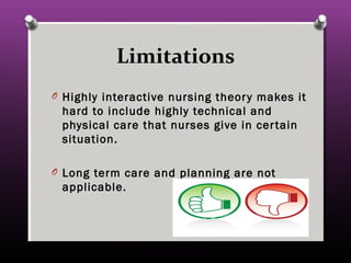 Limitations
O Highly interactive nursing theory makes it
hard to include highly technical and
physical care that nurses give in certain
situation.
O Long term care and planning are not
applicable.
 
