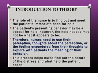 INTRODUCTION TO THEORYINTRODUCTION TO THEORY
O The role of the nurse is to find out and meetThe role of the nurse is to find out and meet
the patient's immediate need for help.the patient's immediate need for help.
O The patient's presenting behavior may be aThe patient's presenting behavior may be a
appeal for help; however, the help needed mayappeal for help; however, the help needed may
not be what it appears to be.not be what it appears to be.
O Therefore, nurses need to use theirTherefore, nurses need to use their
perception, thoughts about the perception, orperception, thoughts about the perception, or
the feeling engendered from their thoughts tothe feeling engendered from their thoughts to
explore with patients the meaning of theirexplore with patients the meaning of their
behaviorbehavior..
O This process helps nurse find out the natureThis process helps nurse find out the nature
of the distress and what help the patientof the distress and what help the patient
needs.needs.
 