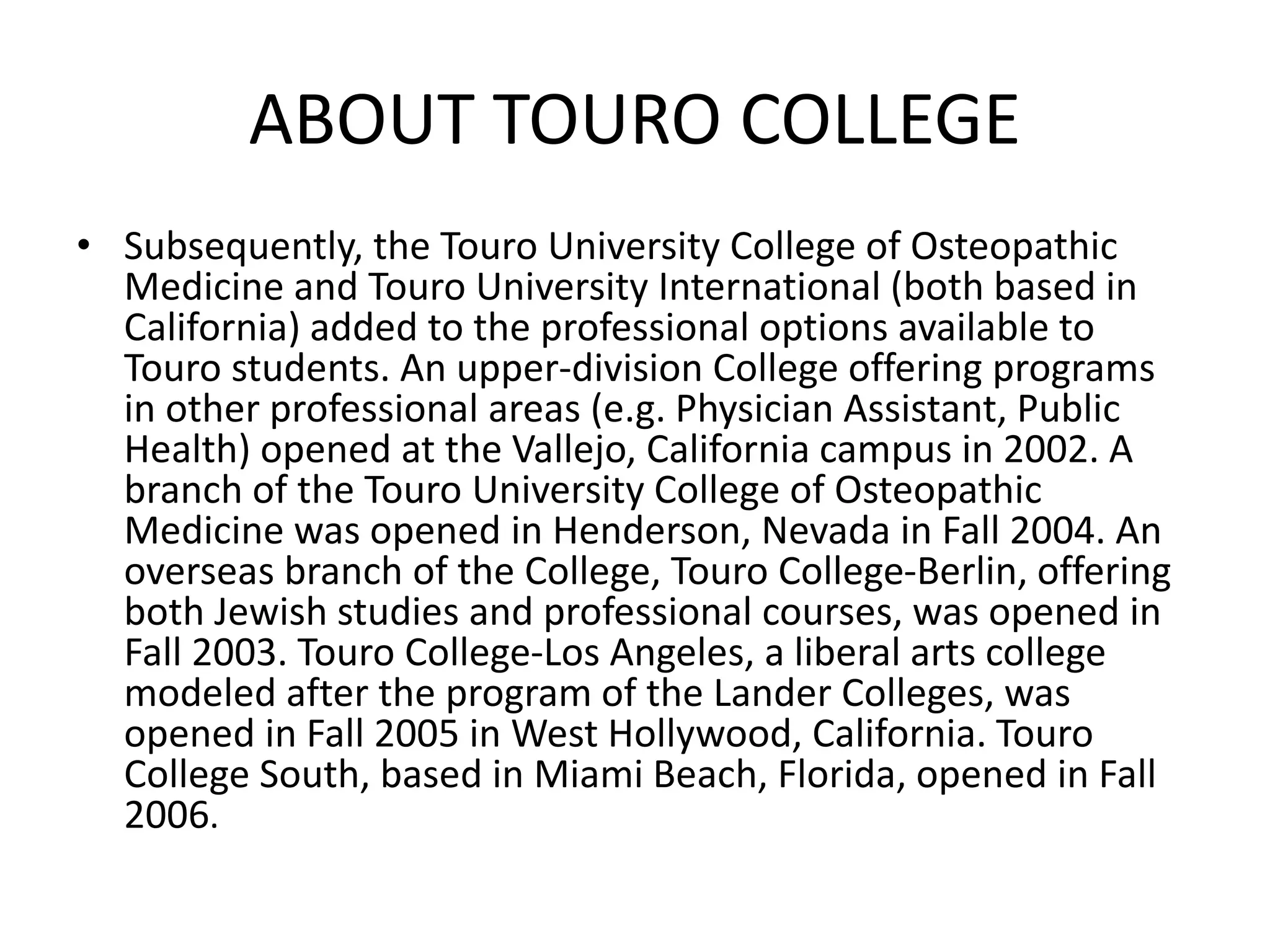 Organizational Profile Touro College and University System PPTX