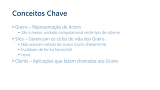 Conceitos Chave
• Grains – Representação de Actors
• São a menor unidade computacional neste tipo de sistema
• Silos – Gerenciam os ciclos de vida dos Grains
• Não acessam estado de outros Grains diretamente
• Escaláveis de forma horizontal
• Leves
• Clients – Aplicações que fazem chamadas aos Grains
 
