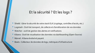 Et la sécurité ? Et les logs ?
• Shield : Gérer la sécurité de votre stack ELK (cryptage, contrôles d’accès, etc.)
• Logstash : Outil de transport, de collecte et d’amélioration de vos données
• Watcher : outil de gestion des alertes et notifications
• Kibana : Outil de visualisation des données via dashboarding (Open-Source)
• Marvel : Kibana évolué et payant
• Beats : Collecteur de données de logs, métriques d’infrastructure
 